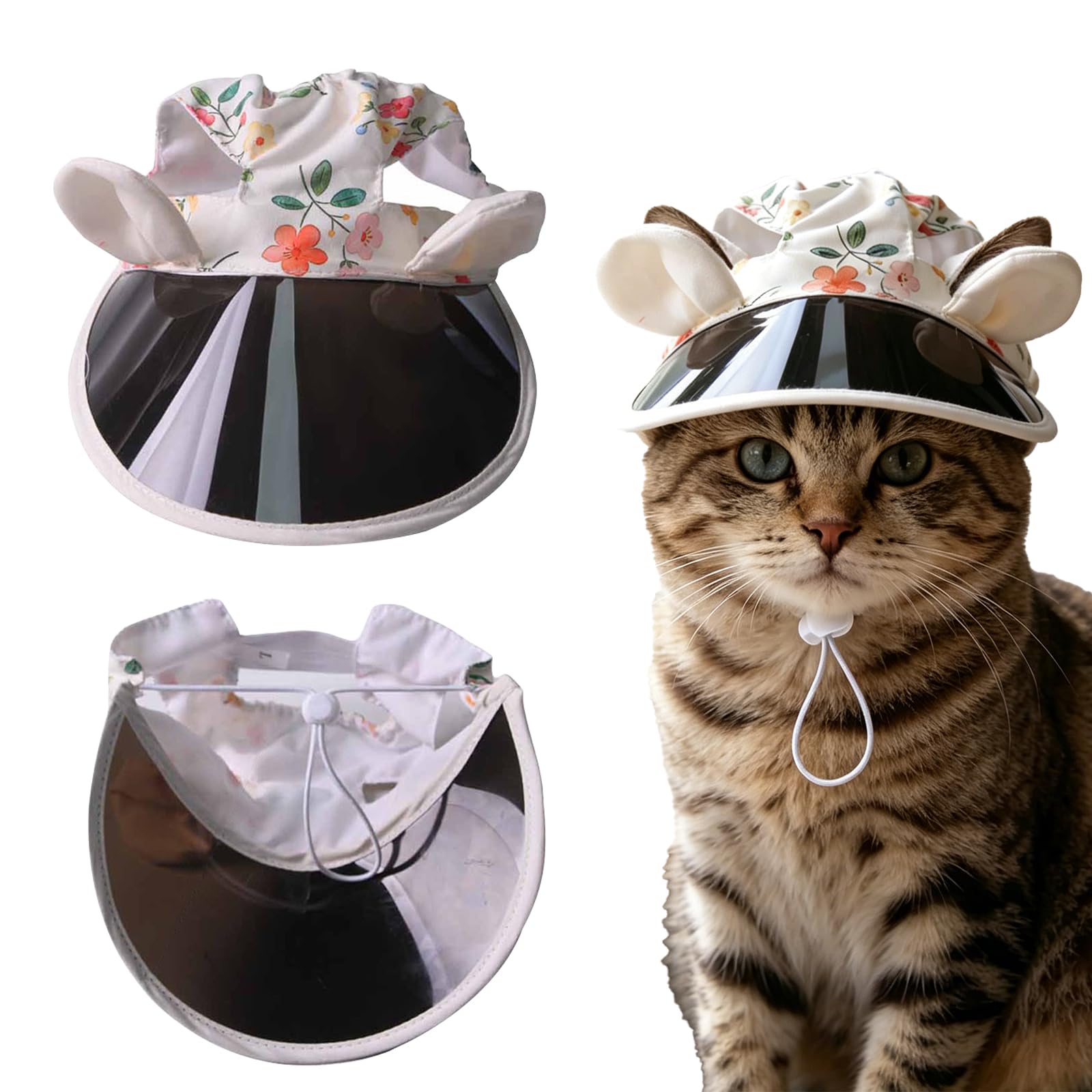 KASESSS Cat Hat, Dog Hat with Ear Holes, UV Protection Small Dog Cap, Floral Rabbit Ears Sun Sombrero Caps, Adjustable Rope Baseball Cap for Puppies Cats Outdoor Travel Sport Walking, M, Beige