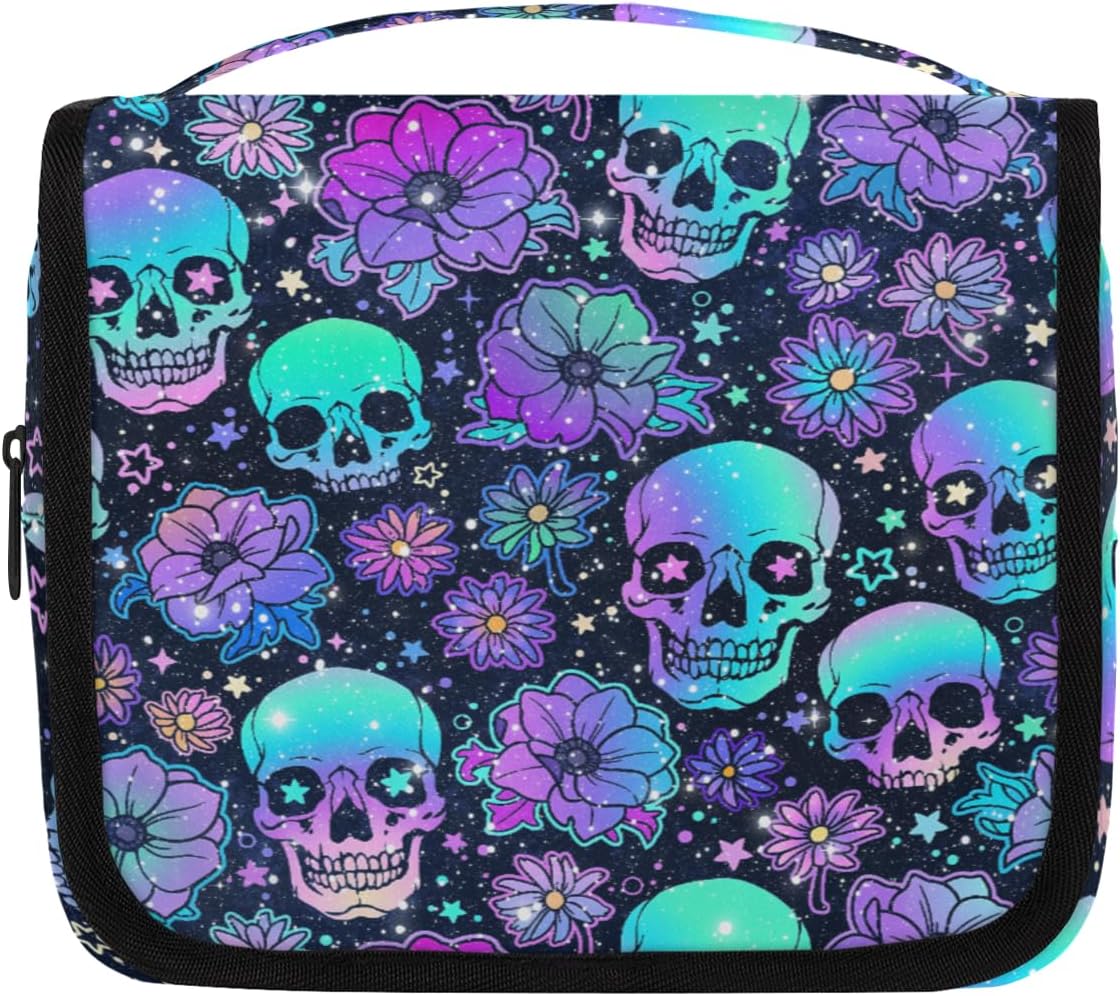 Travel Hanging Toiletry Bag for Women kids, Galaxy Skull Flower Cosmetic Bag Waterproof Makeup Organizer for weekend overnight Bathroom