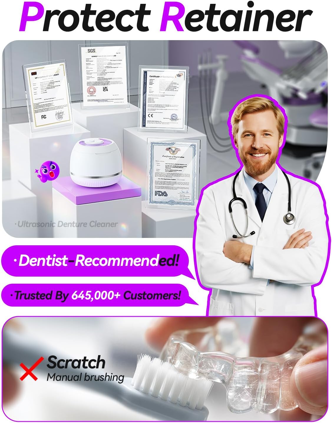 Beser Ultrasonic Retainer Cleaner, 2X Clean, 4X Sterilize, Dental Retainer Cleaner Machine Pod for Aligner, Nightguard, Mouth Guard, Denture Cleaner, Oral Dental Care, IPX6, 200ML, White