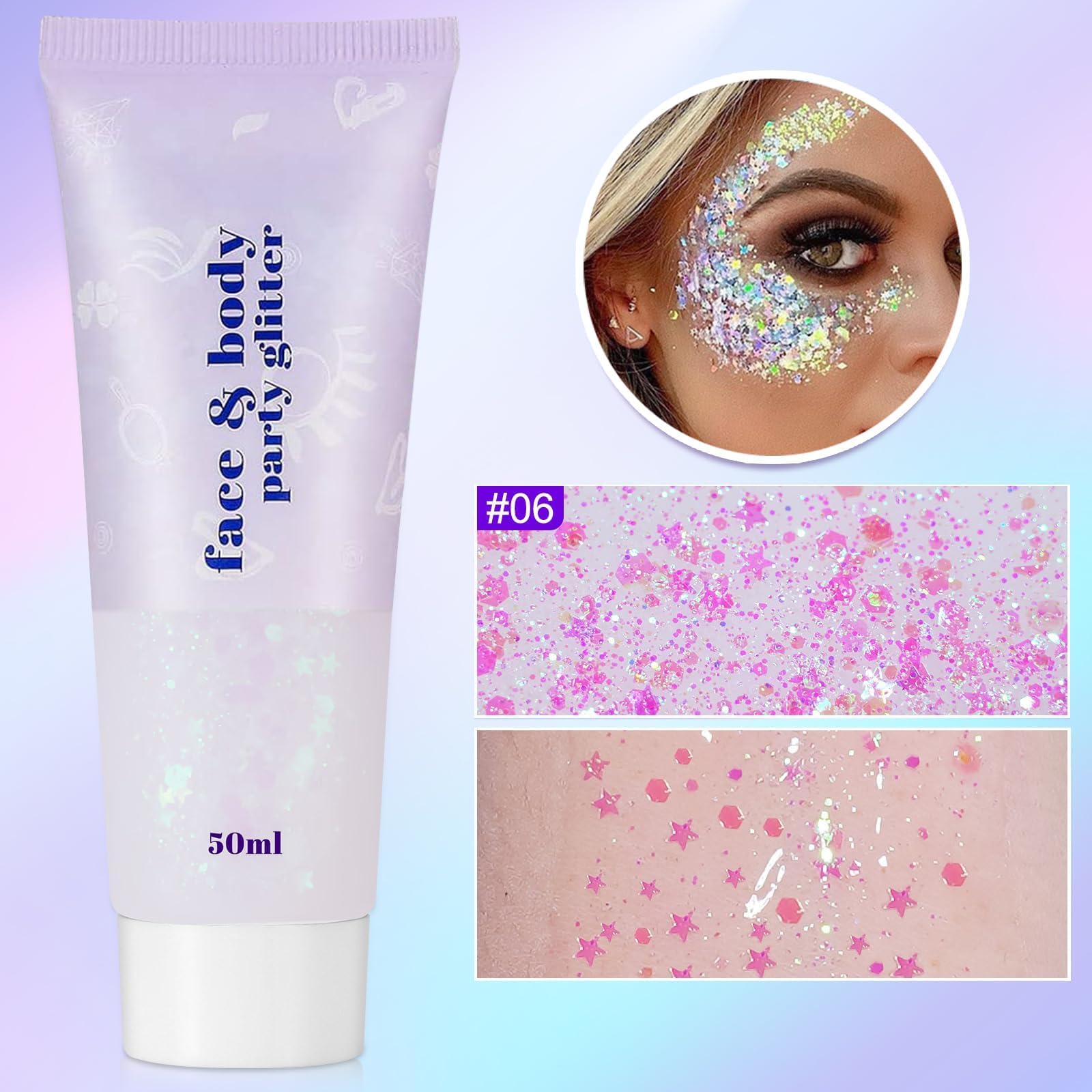 Sularpek Brokat do twarzy, 50 ml, brokatowy żel do włosów, cekiny, błyszczący płynny cień do powiek, syrenka, cekiny, festiwal, brokat, do twarzy, ciała, oczu, włosów, festiwalu, na imprezę, do