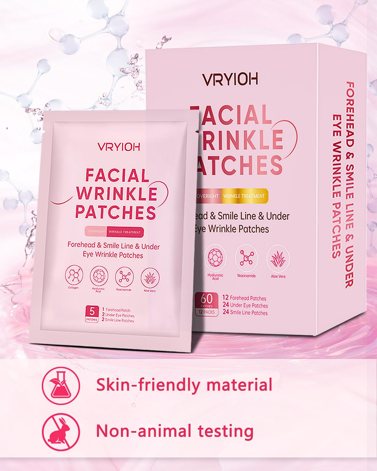 Forehead, Smile Line & Under Eye Wrinkle Patches, 3 IN 1 Overnight Facial Wrinkle Treatment with Hyaluronic Acid, Collagen to Lift Lines for Women, 60 Patches - Image 3