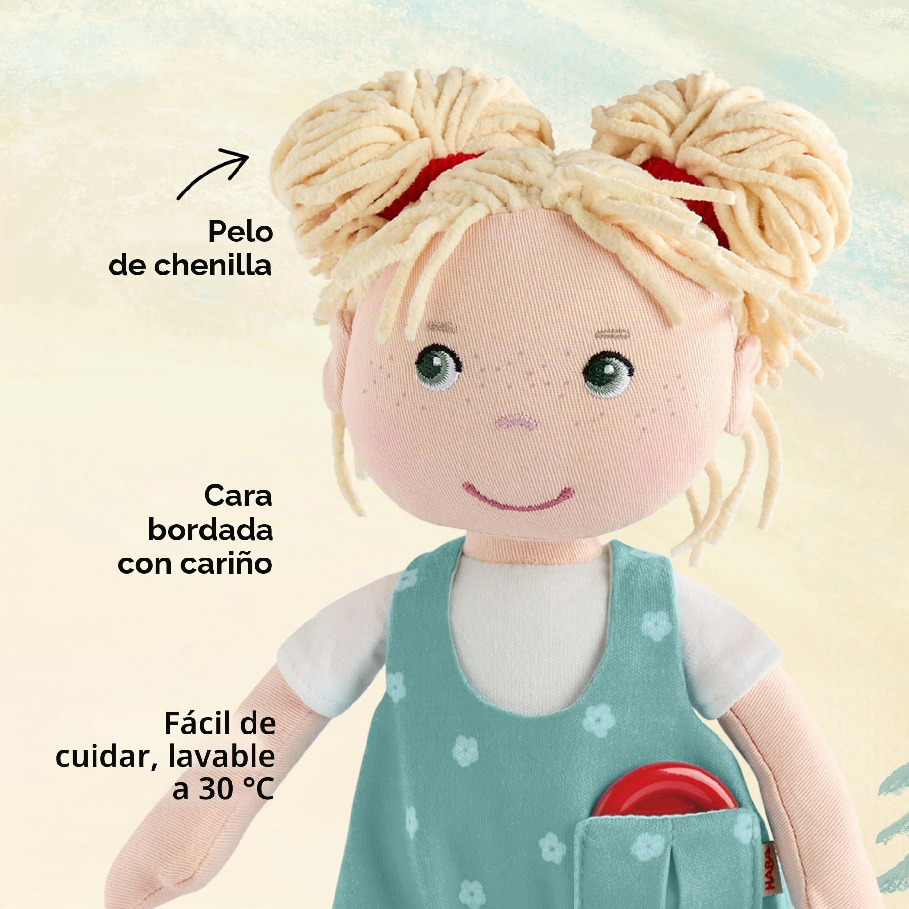 HABA Carmushka Tilli - Muñeca de Trapo para niños pequeños de 30 cm, Suave, Lavable y fácil de Poner, a Partir de 18 Meses, conocida por Mi botón, un Universo – 2013203001