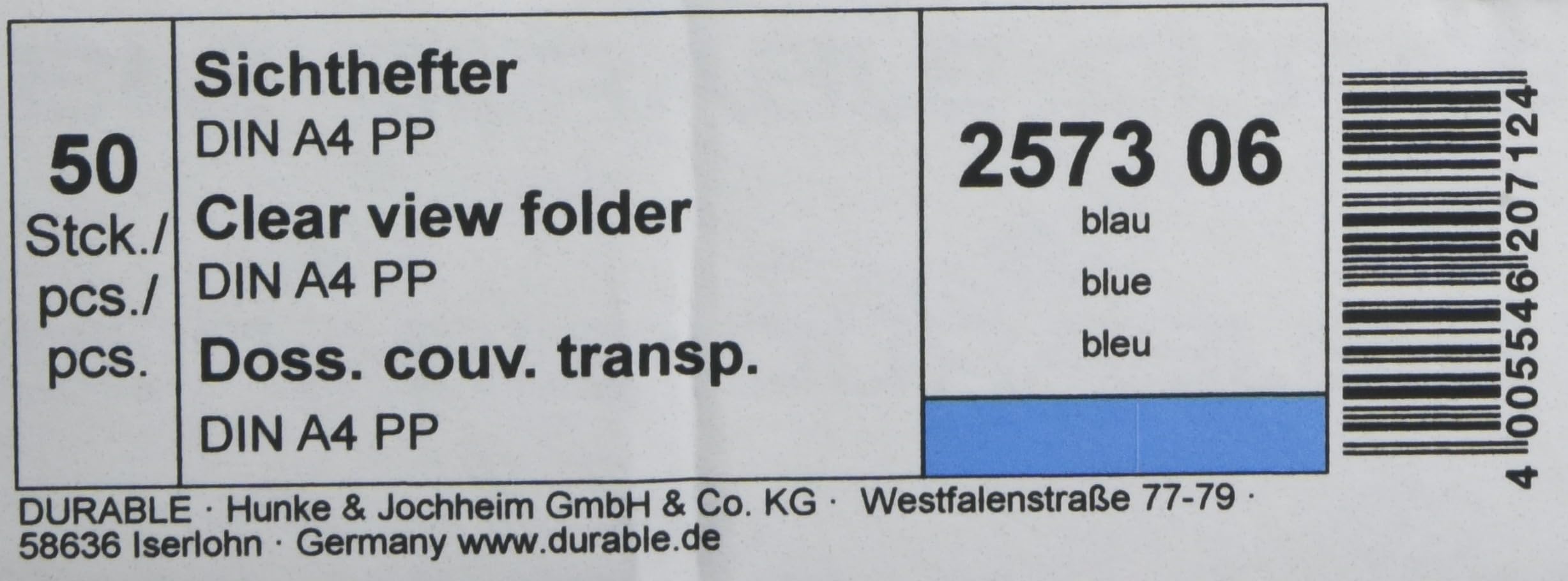 Durable 257306 Cartellina ad Aghi Clear View, Formato A4, Fronte Trasparente e Retro Colorato, Etichetta Longitudinale, Azzurro, Confezione da 50 Pezzi