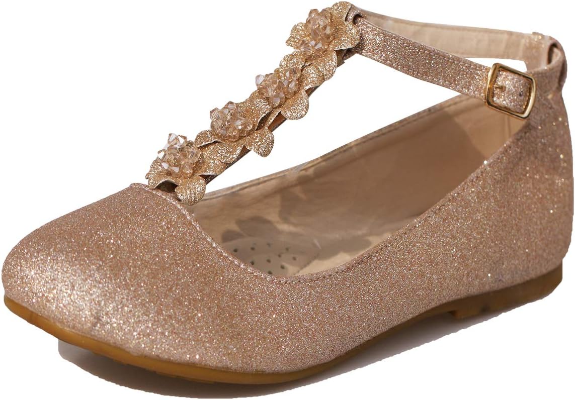 Little Girls Dress Ballet Girls Little Kid/Big Kid T-Strap Mary Jane Bow Flat Shoes Gold 4