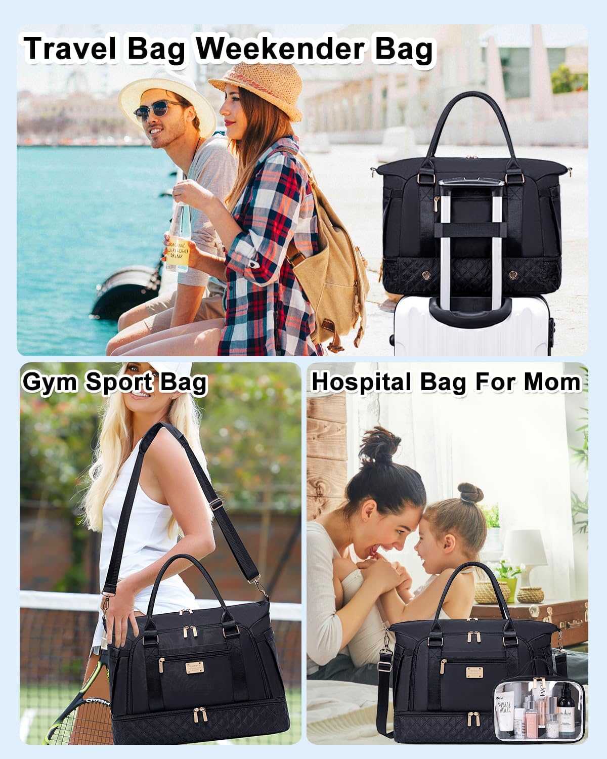 Weitars Gym Duffel Bag - Women's Travel Weekender with Shoes Compartment & Wet Pocket - Large Carry On