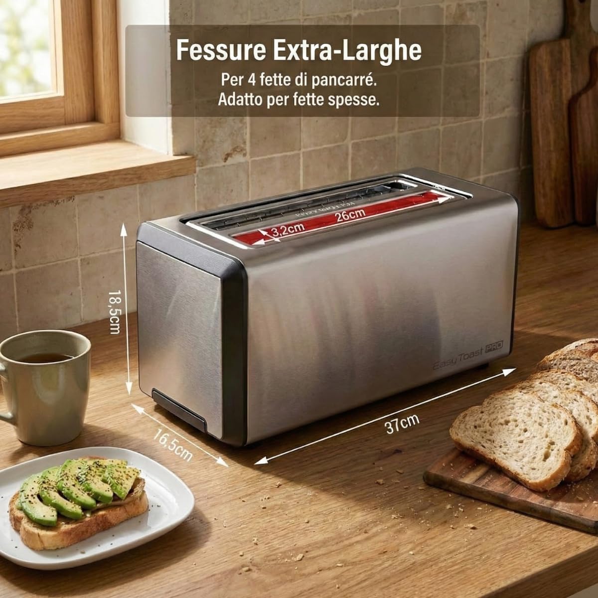 Tostapane Smart Touch Screen in Acciaio Inox - Tostapane 2 Fette con Display LED e Conto alla Rovescia, 6 Programmi di Tostatura, Funzioni Scongelamento e Riscaldamento, Vassoio Raccoglibriciole