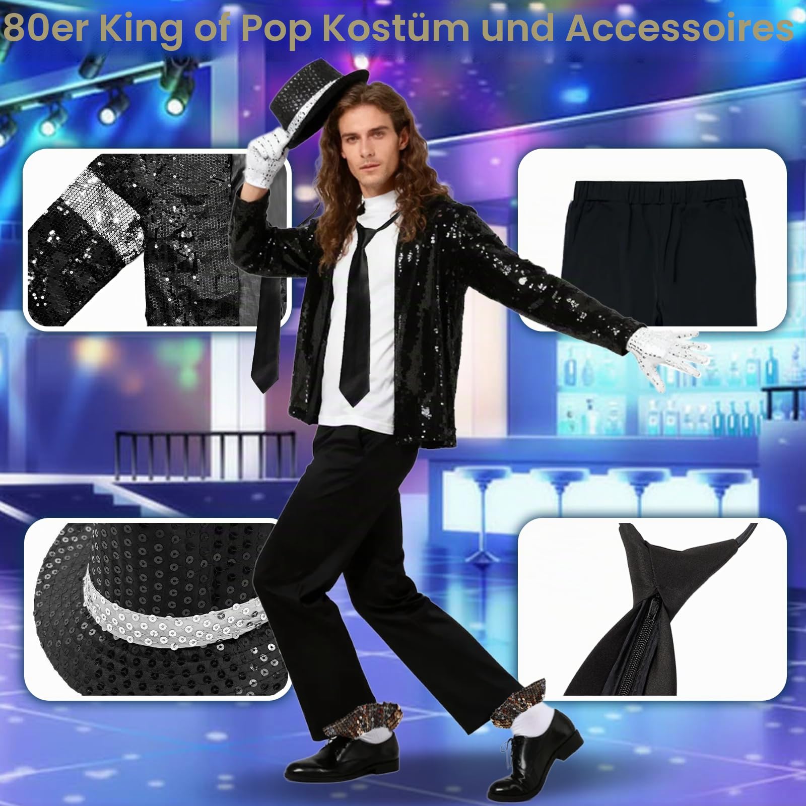 Erwachsenenkostüm King of Pop, 80er Jahre Tänzerin Rocker Star Cosplay Verkleidung Kostüm Zubehör mit Jazz Pailletten Hut Jacke Top Hose Handschuhe Socke Krawatte King of Pop für Halloween Karneval 80