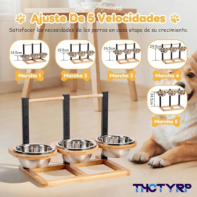 Foto 3 de 8 de THCTYRP Comedero de madera ajustable en altura, 5 niveles, con 3 cuencos de acero inoxidable de 1400 ml