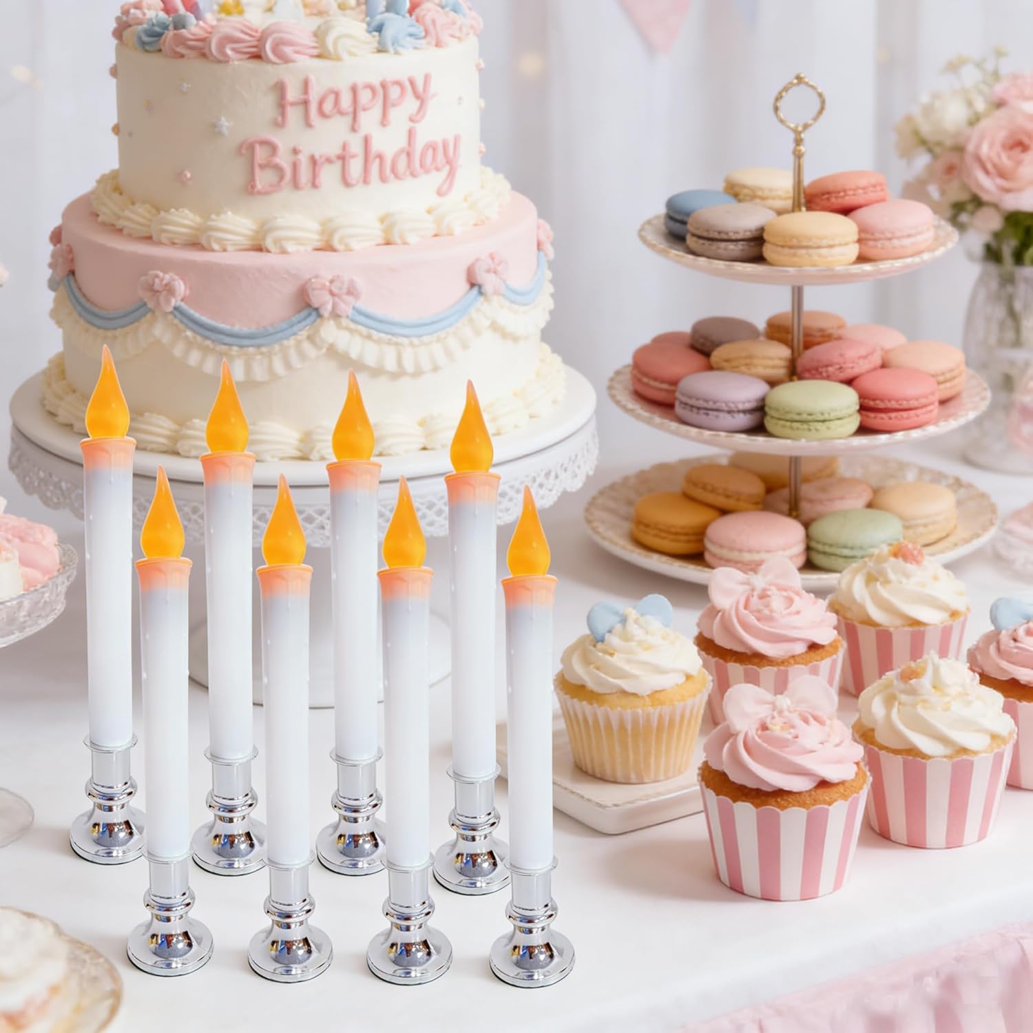 8 Pack 9" LED Candle Lights with Dusk to Dawn Sensor, Silver Base Battery Powered Flameless Candles for Indoor Table Party Decor - Image 4