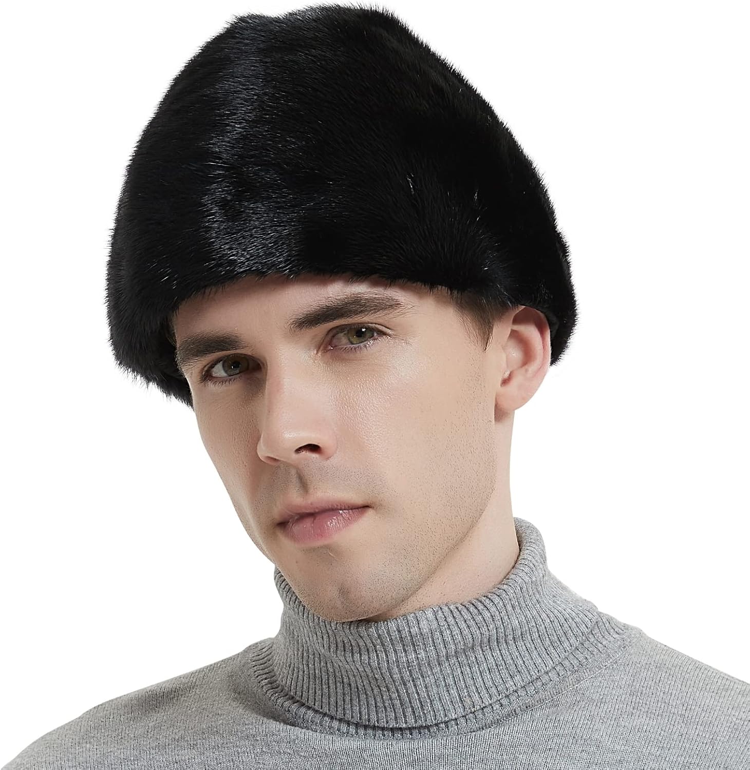 Real Mink Fur Cossack Hat with Leather Ear Flaps,Russian Winter Fur Hat