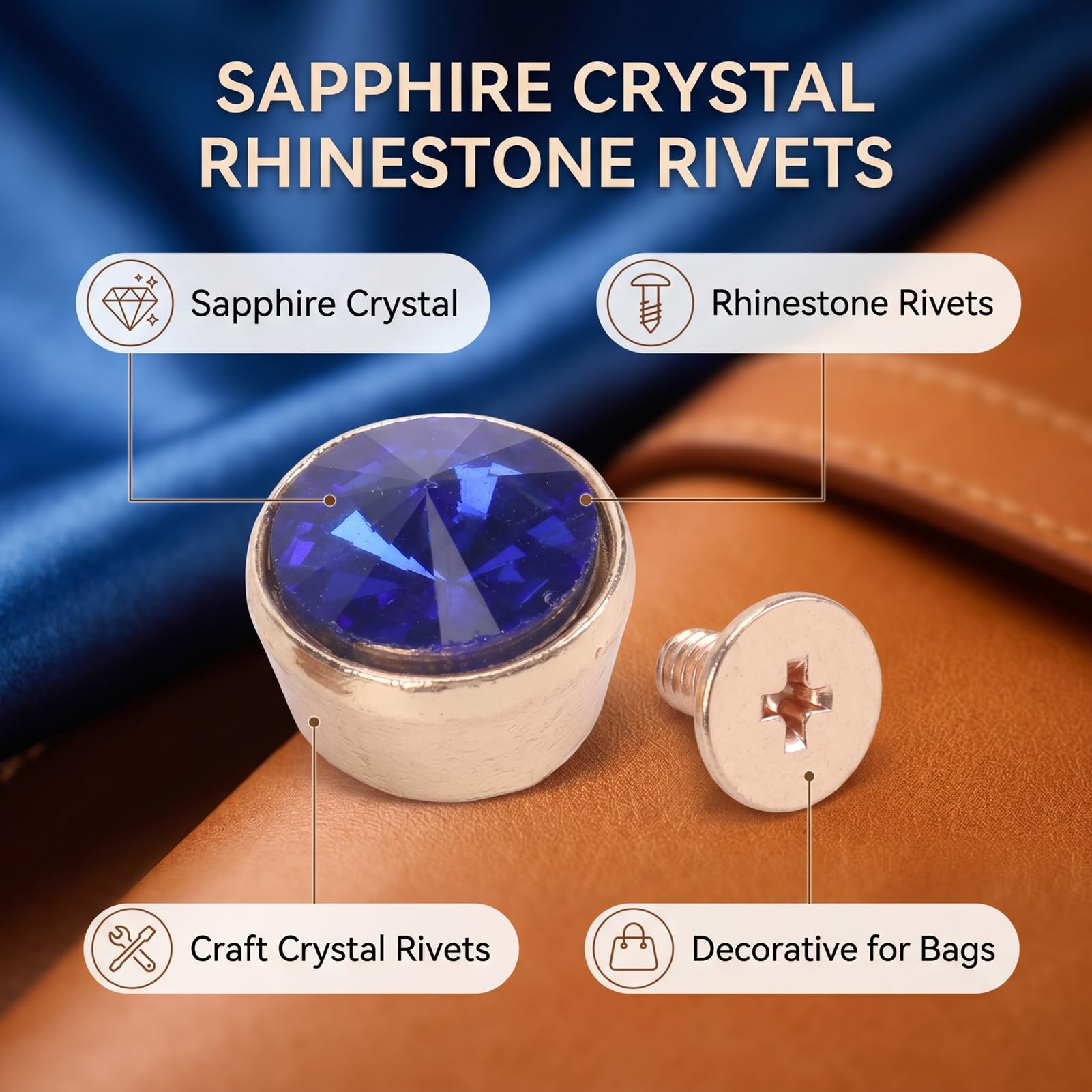 Luocute Remaches de Cristal Azul de 12 Mm, 100 Piezas con Base Chapada en Oro