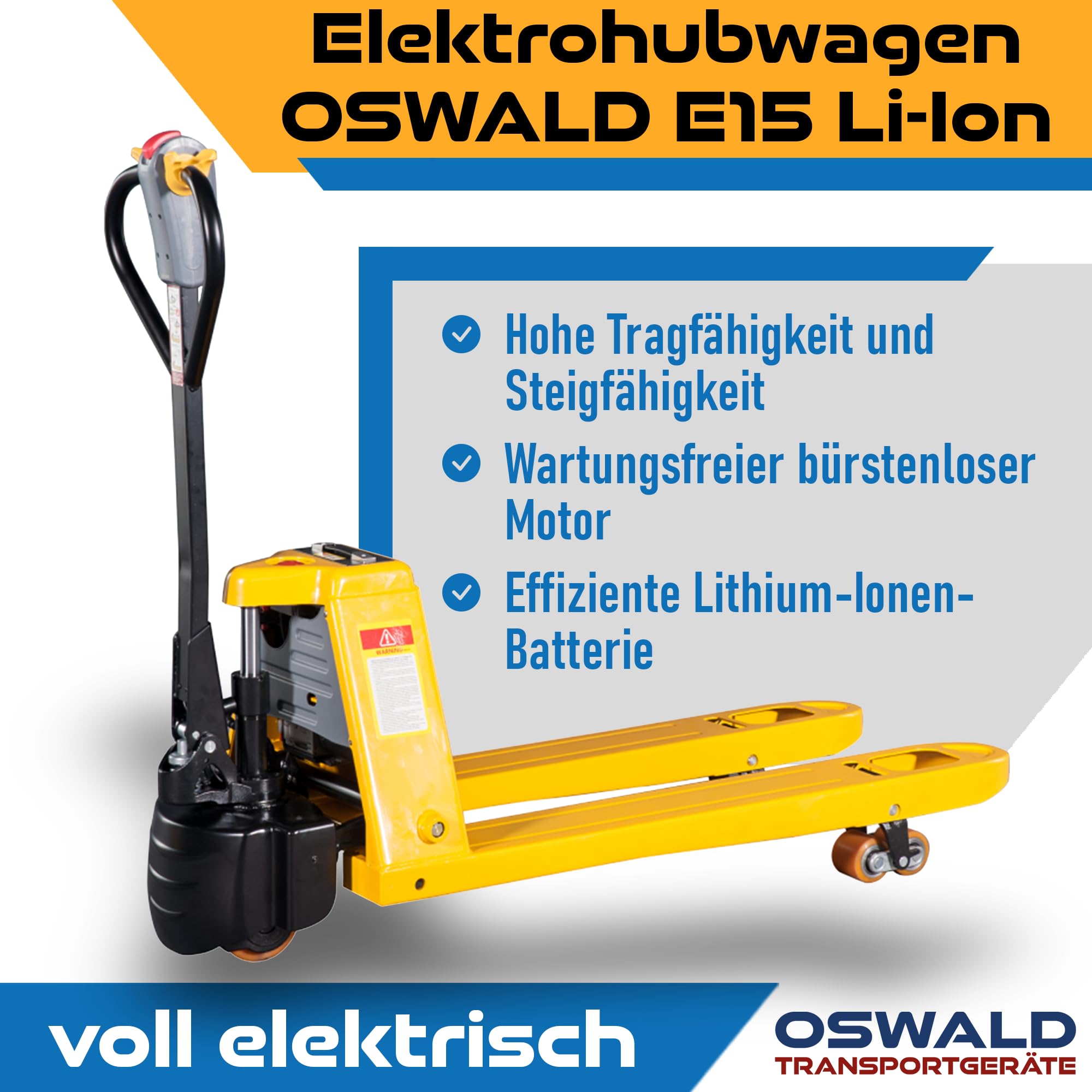Elektrohubwagen Oswald E15Li - 1.500 kg Tragkraft - 1150 mm Gabellänge - 48V/10 Ah