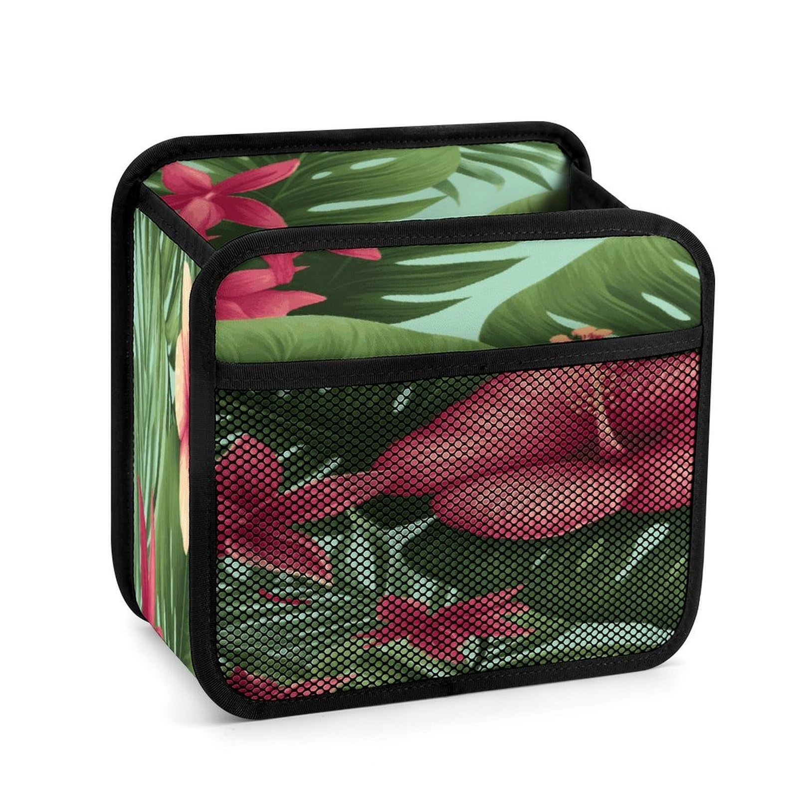 Btcowzrv Style Hawaiian Tropical Leaves Flowers Car Seat Back Organizer, Pu Leather Hanging Backseat Car Organizer With Elastic Mesh Pocket, Storage Bag For Most Vehicles