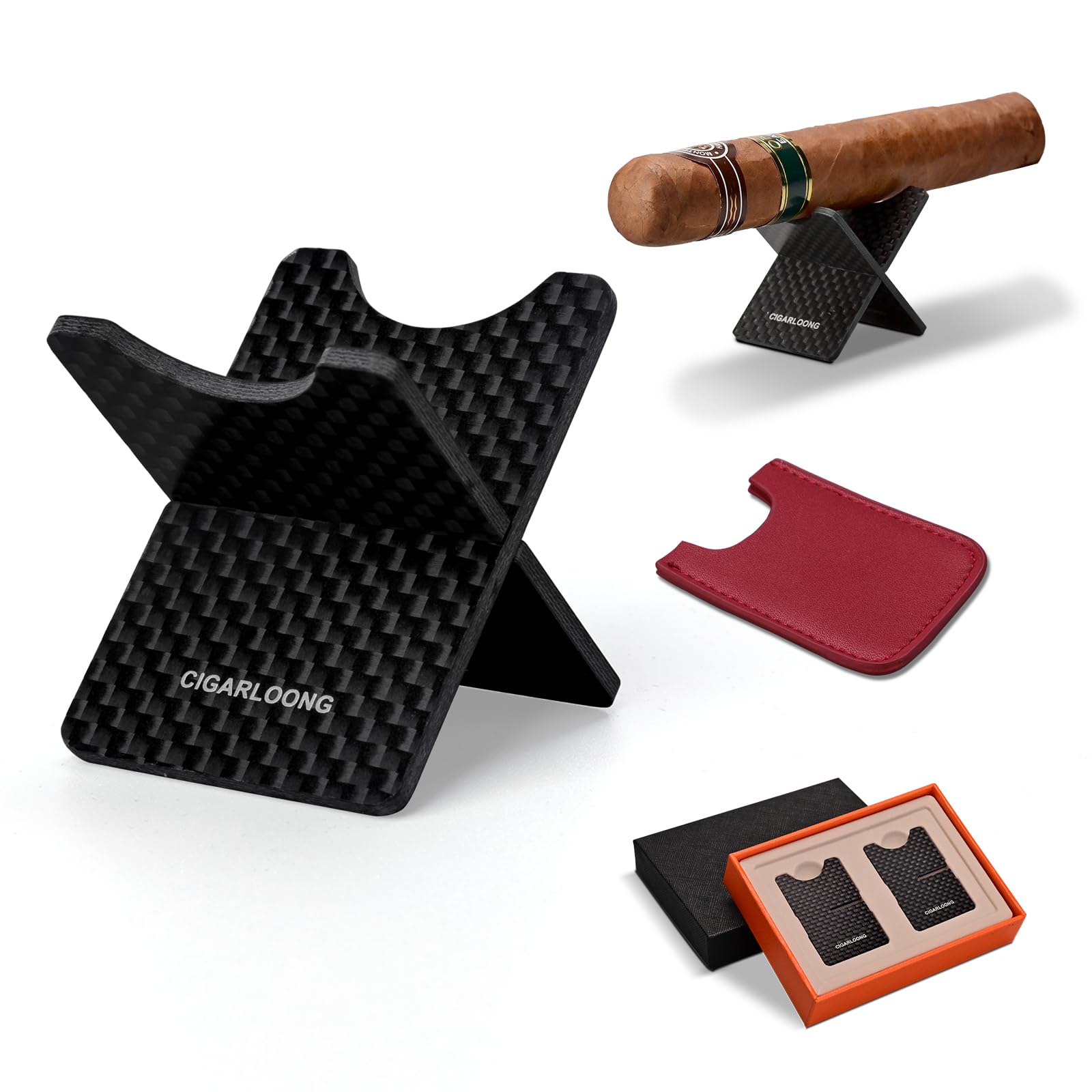 CLZOONG Cigar Stand Stainless Steel Detachable Cigar Holder Rest Portable Cigar Rest Shelf Tray with PU Leather Case and Gifts Box for Men (Black)