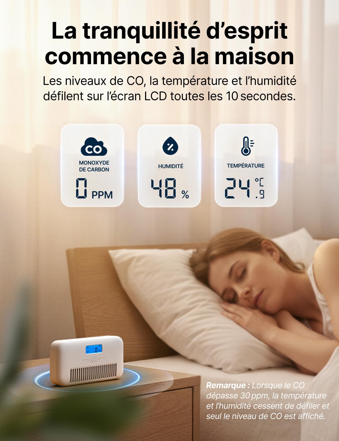 X-Sense Détecteur de Monoxyde de Carbone Connecté avec Alertes Vocales Français, Détecteur de CO avec Moniteur de Température et d'Humidité, Batterie Remplaçable, Niveau de Pic CO Historique, XC0M-iR