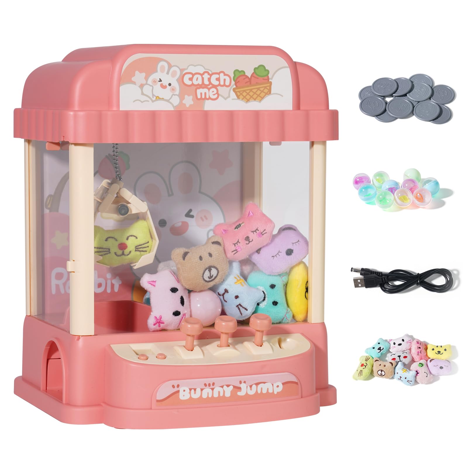 HOMCENT Claw Machine for Kids, Mini Arcade Doll Grabber with Lights & Music, Includes 10 Dolls 10 Capsules 12 Coins, Toys for Girls Boys Ages 3+ (Pink)