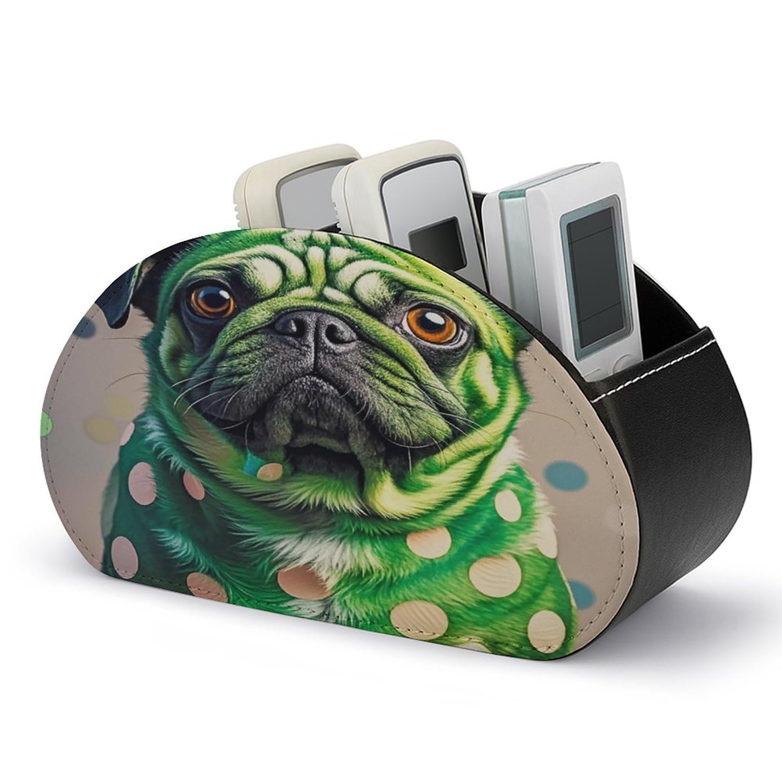 LZQPOEAS Green Polka Dot Pug Remote Control Holder with 5 Compartments PU Leather Remote Organizer Box Caddy for Table Nightstand Remote Caddy Desktop Organizer Fits Media Controllers