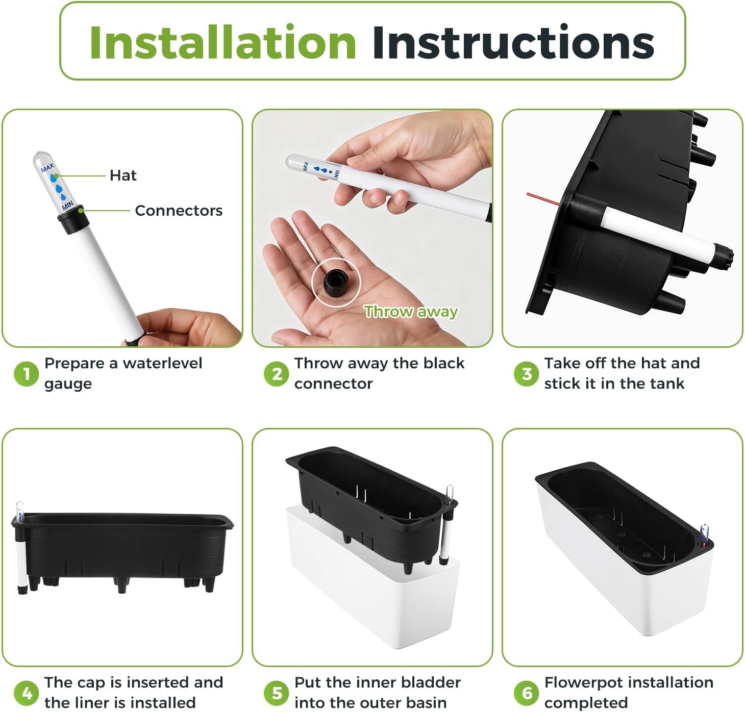 2 Pack Rectangular Planter 15.6 x 5.4 in Self Watering Planter Window Sill Planters Indoor Rectangle Plant Pot Self Watering Pots Plastic Plant pots with Drainage Holes Black Flower Pot