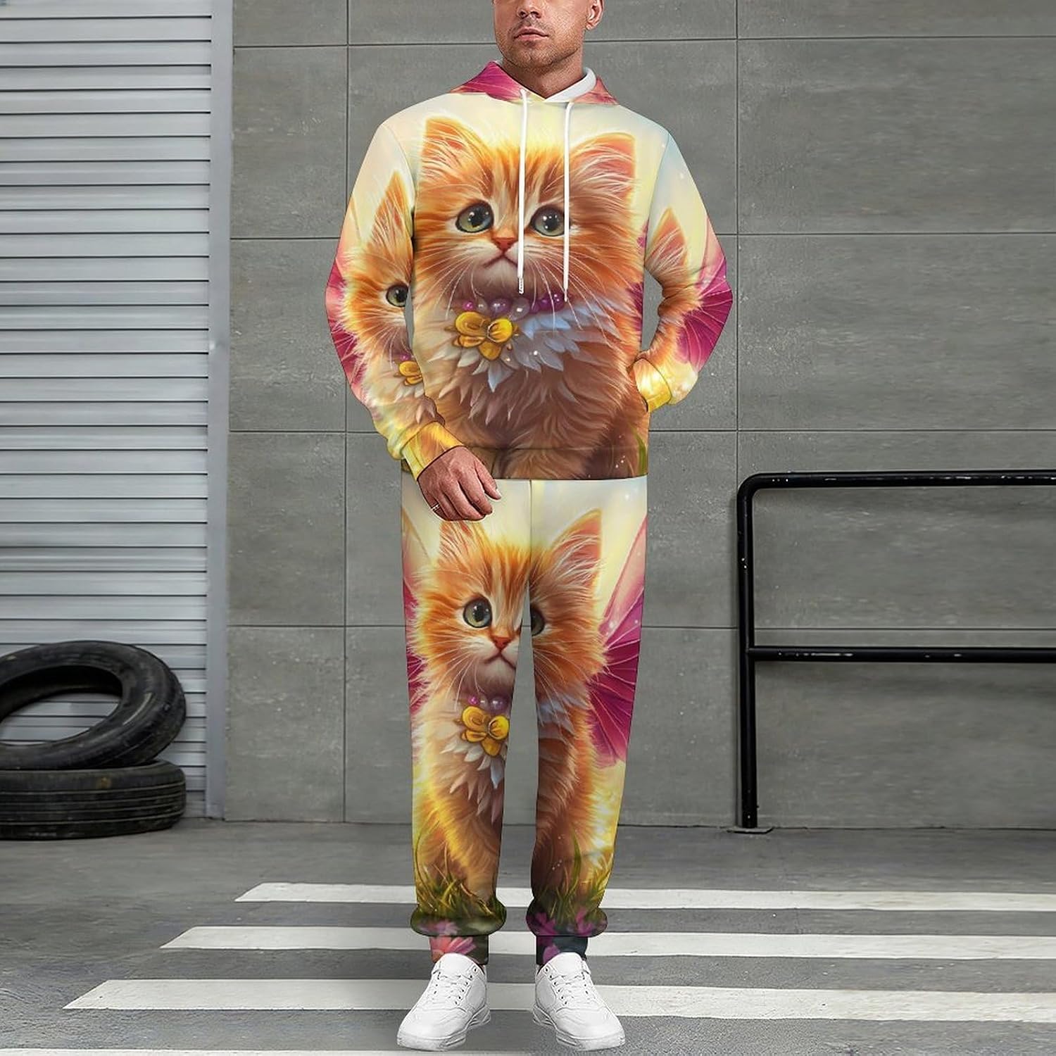 Cat Angelswings Men's Hooded Set Casual 2 Pieces Suits Pullover Tracksuit Hoodies And Sweatpants