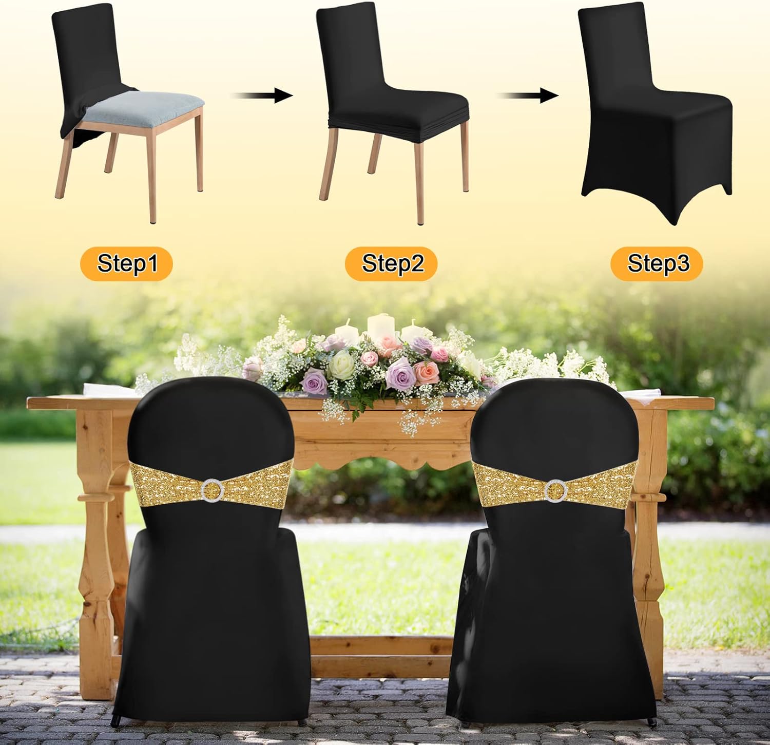 Chumia 100 Pcs Chair Covers and Sashes, Spandex Stretch Chair Slipcovers with Shiny Bowknot for Wedding Party Banquet Anniversary Events Dining Decor (Black,Gold)