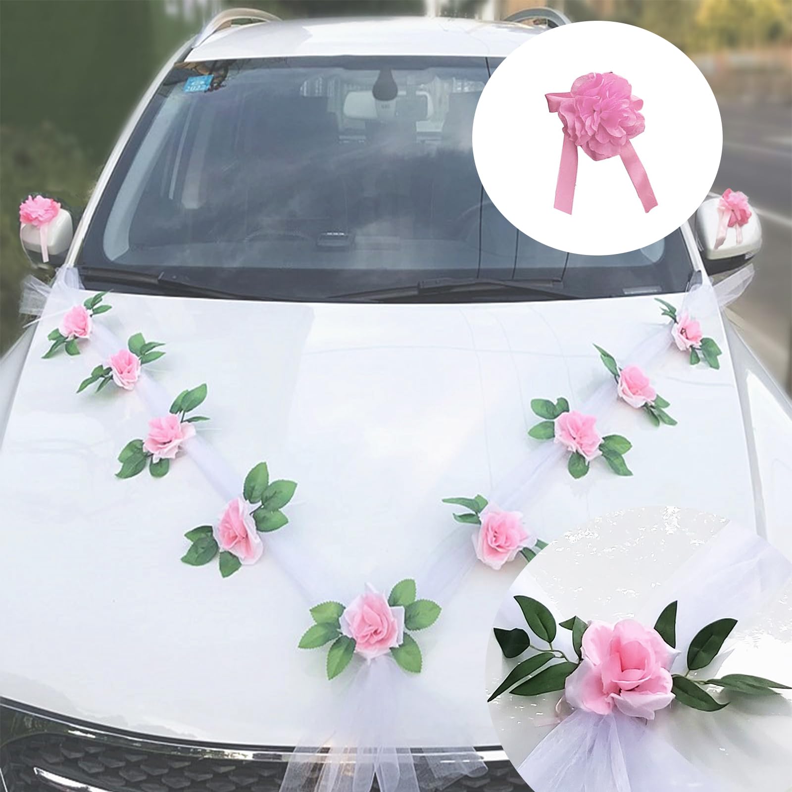 Adornos Para Coches De Boda Decoracion Coches Boda, Flores Artificiales Coche Novios, Adornos Para Coche De Bodas, Flores Para Coche De Boda, 11 Rosas, 2 Pcs Cinta De Gasa, 4 Pcs Lazos