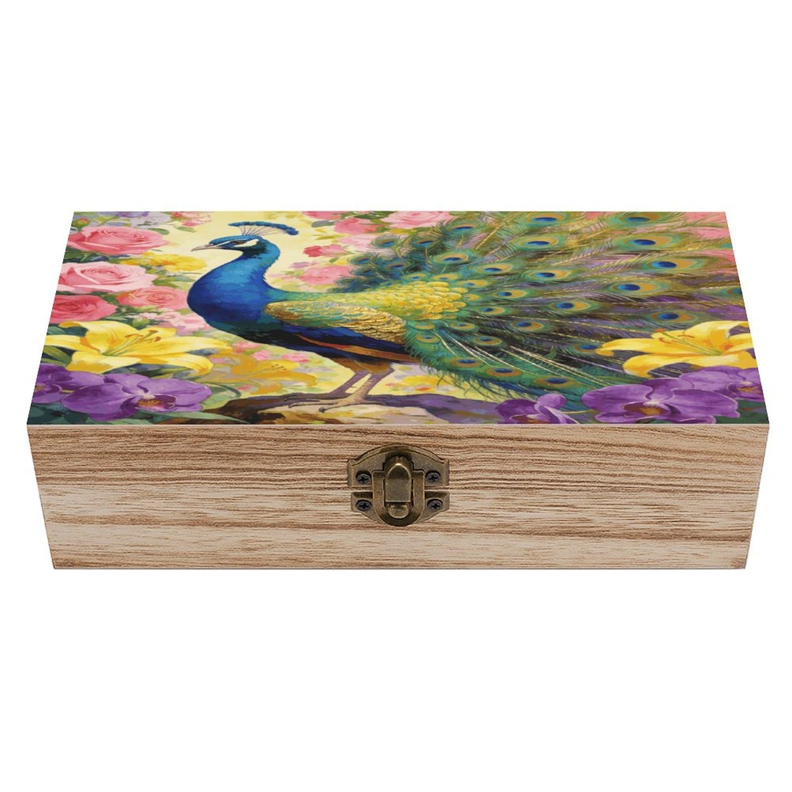 LZQPOEAS Flowers And Feathers Wooden Keepsake Box Wooden Storage Box Container with Hinged Lid Beautiful Wood Memory Box Decorative Jewelry Case for Crafts Art Hobbies & Trinket Storage