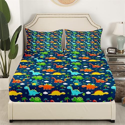 Miniatura 3 de Juego de sábanas bajeras para niños, lindo juego de sábanas de dinosaurio de dibujos animados para niños, decoración de dormitorio de animales de la