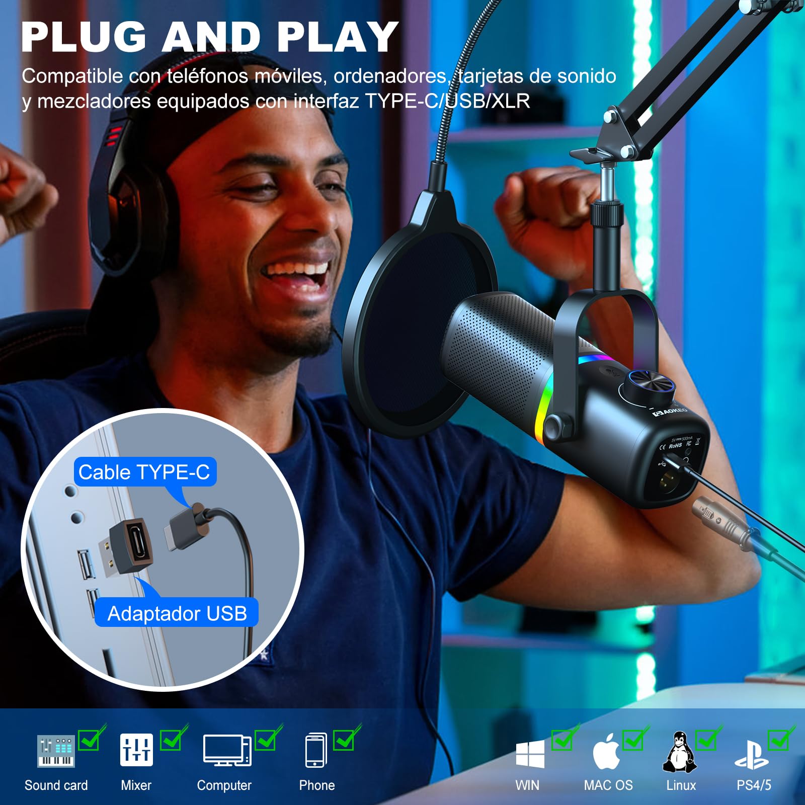 Aokeo AK-10 - Micrófono USB para Juegos con Brazo de micrófono, micrófono Condensador para PC/MAC/PS4/PS5/micrófono cardioide con iluminación RGB (Blanco)