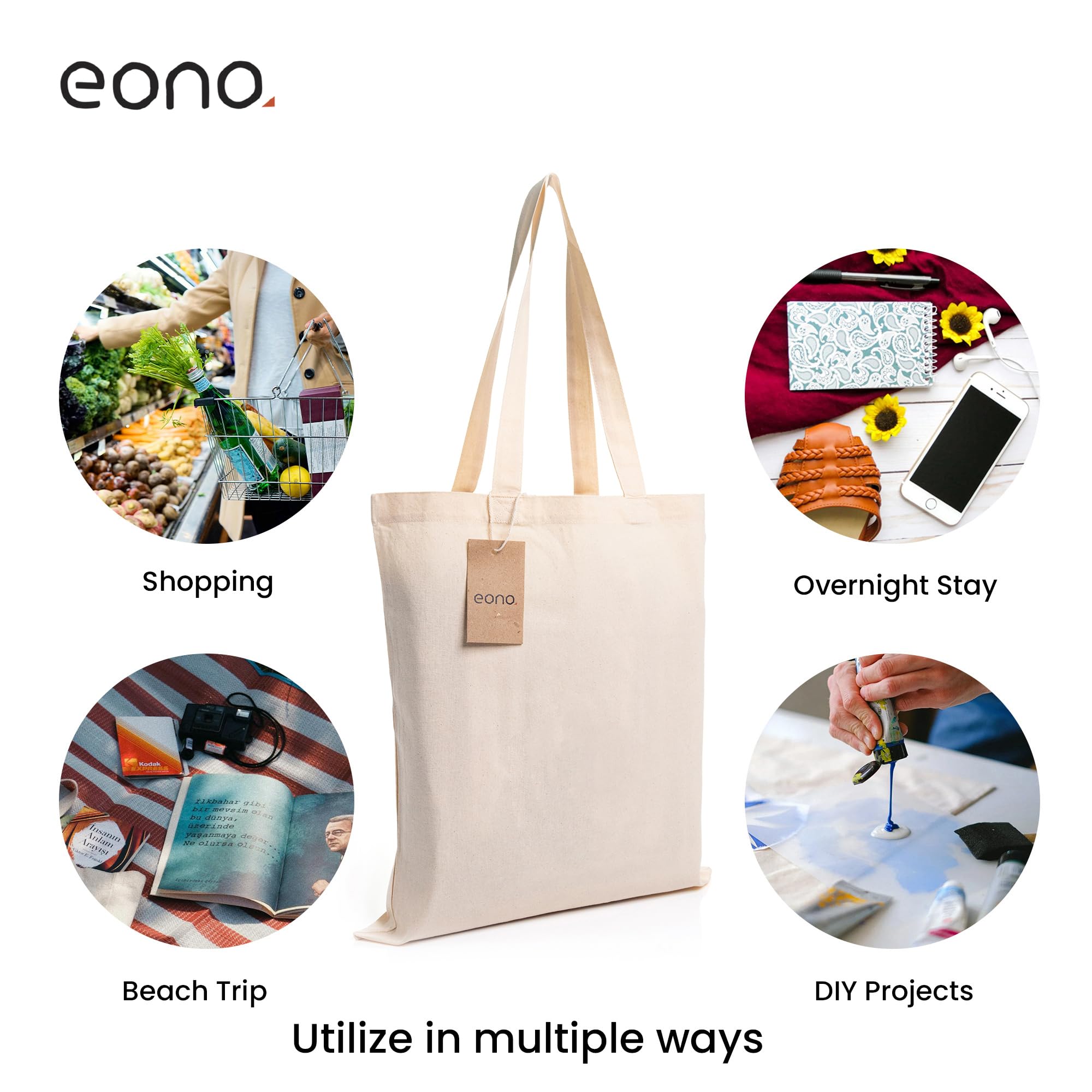 Amazon Brand-Eono, 100% Cotton Tote, Pack of 6, Reusable Tote Bags For Women, Shopping Bag For Grocery, Sturdy Bag, 15 kgs Capacity, Aesthetic Office Bag For Women, Tote Bag For Women College -Natural 3