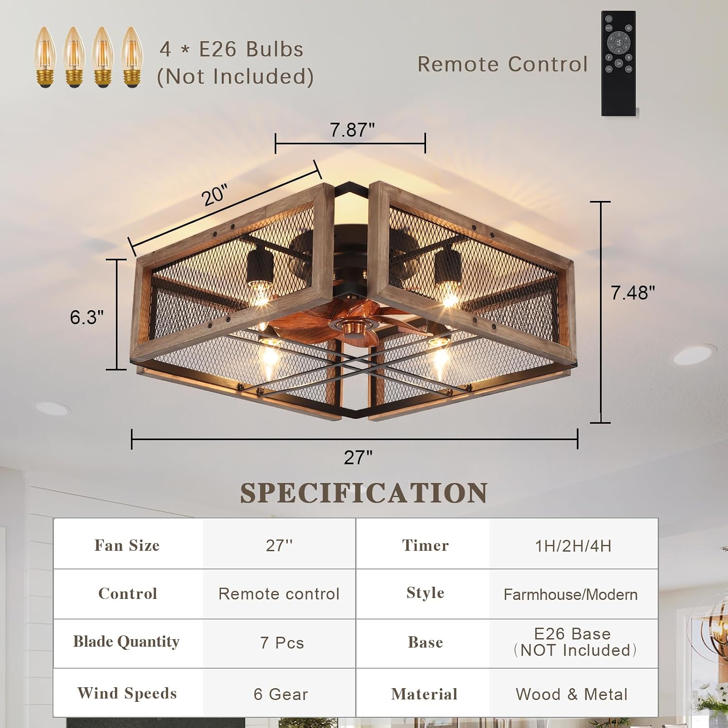 Wood Farmhouse Ceiling Fans with Lights Remote Control, 27 Inch Rustic Bladeless Caged Ceiling Fans with Light, Industrial Low Profile Flush Mount Ceiling Fan for Bedroom Kitchen Living Room