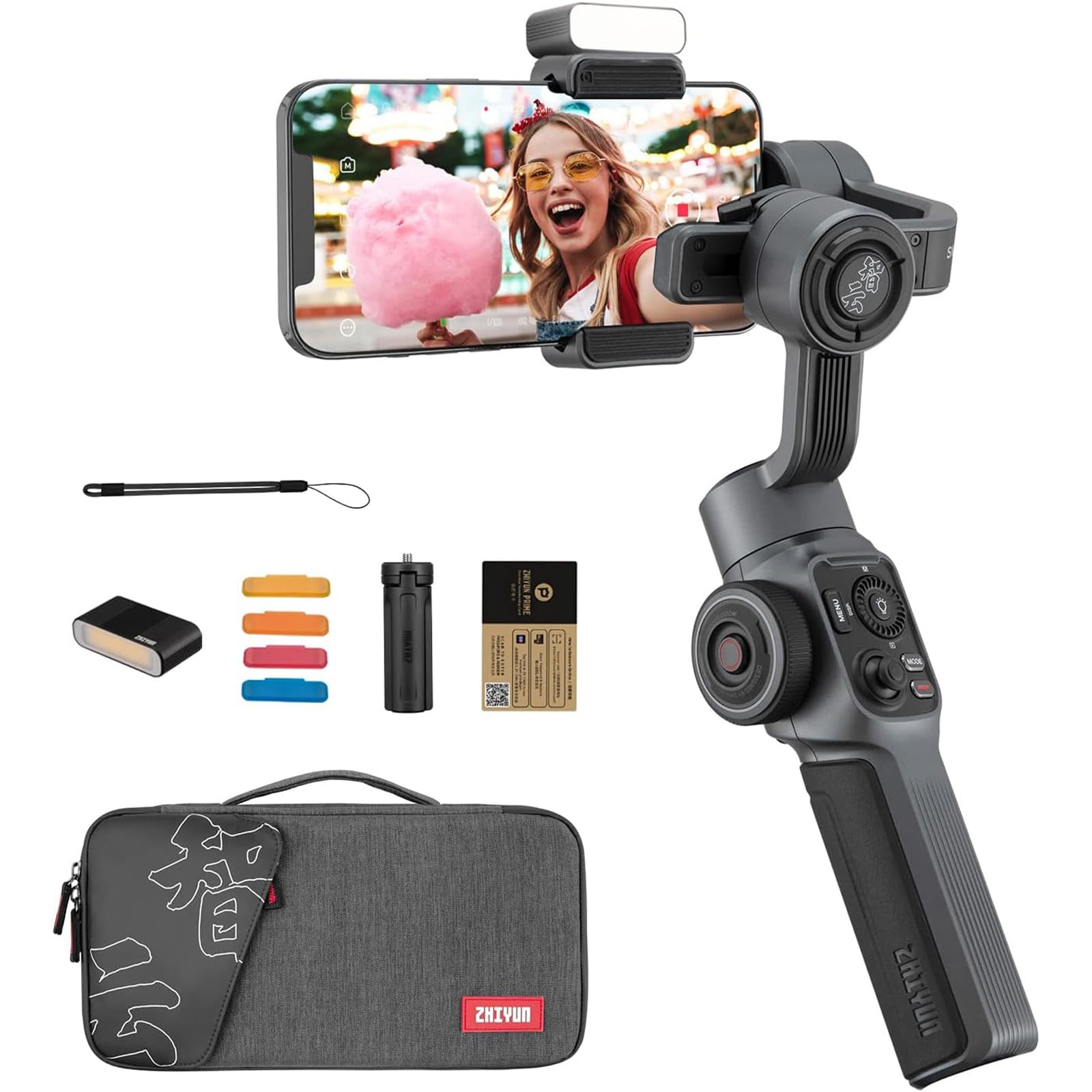 ZHIYUN Smooth 5 Combo [Ufficiale] Stabilizzatore Smartphone a 3 assi, Telefono Gimbal per iPhone e Android, con Treppiede, Borsa, 2 Luci 300lm e Zoom per Vlog, Youtube e TikTok
