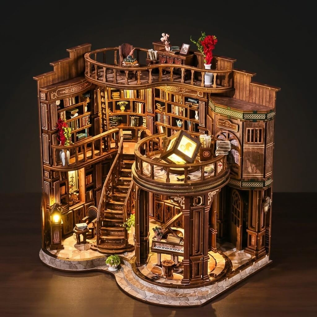 Cuiwos Book Nook Kit 888 Pcs Challenge- DIY Miniature Wooden Puzzle with LED Lights | 3D Dollhouse Bookend for Bookshelf Decoration | Creative Gifts (Dreamy Library)