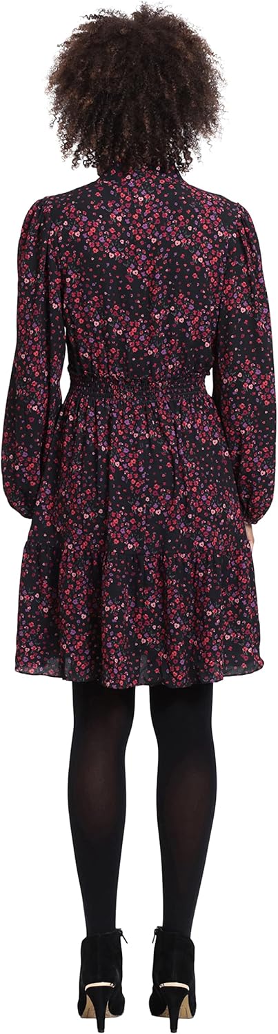 London Times Womens Stand Collar Tiered Dress with Smocking and Ruffle Details - Image 5