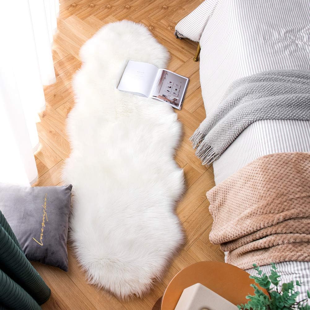 Carvapet Luxury Soft Faux Sheepskin Couch Seat Cushion Fake Fur Area Rugs for Bedroom and Living Room Runner, 2ft x 6ft, White 2 x 6 ft White