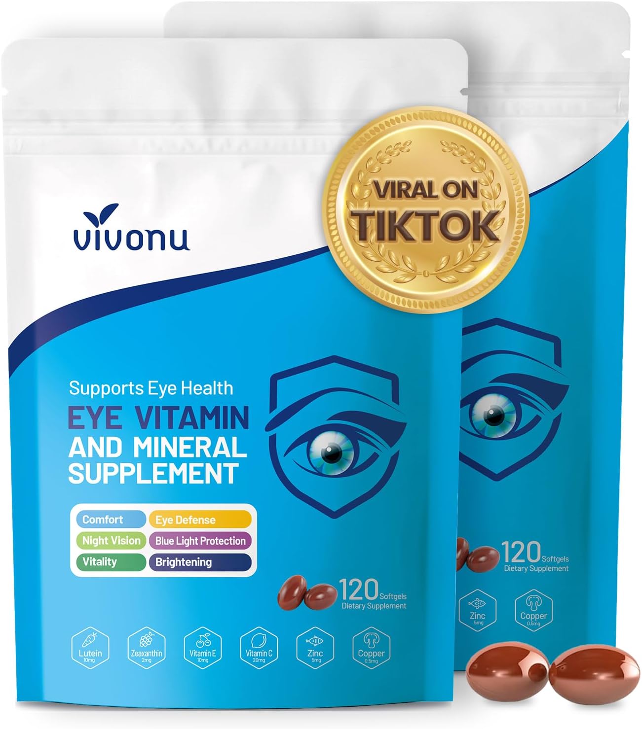 VivoNu 120pcs Lutein Eye Vitamins Supplement for Macular Health and Dry Eye, Contains Lutein, Zinc, Vitamins C/E & Zeaxanthin to Support Eye Health (240p)