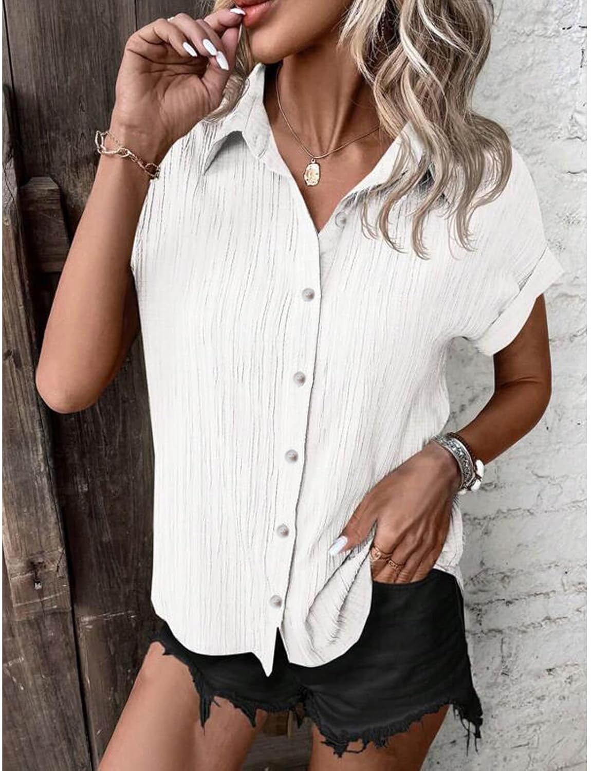 Womens Button Down Shirt Wrinkle-Free Solid Casual Work Office Blouse Top - Image 3