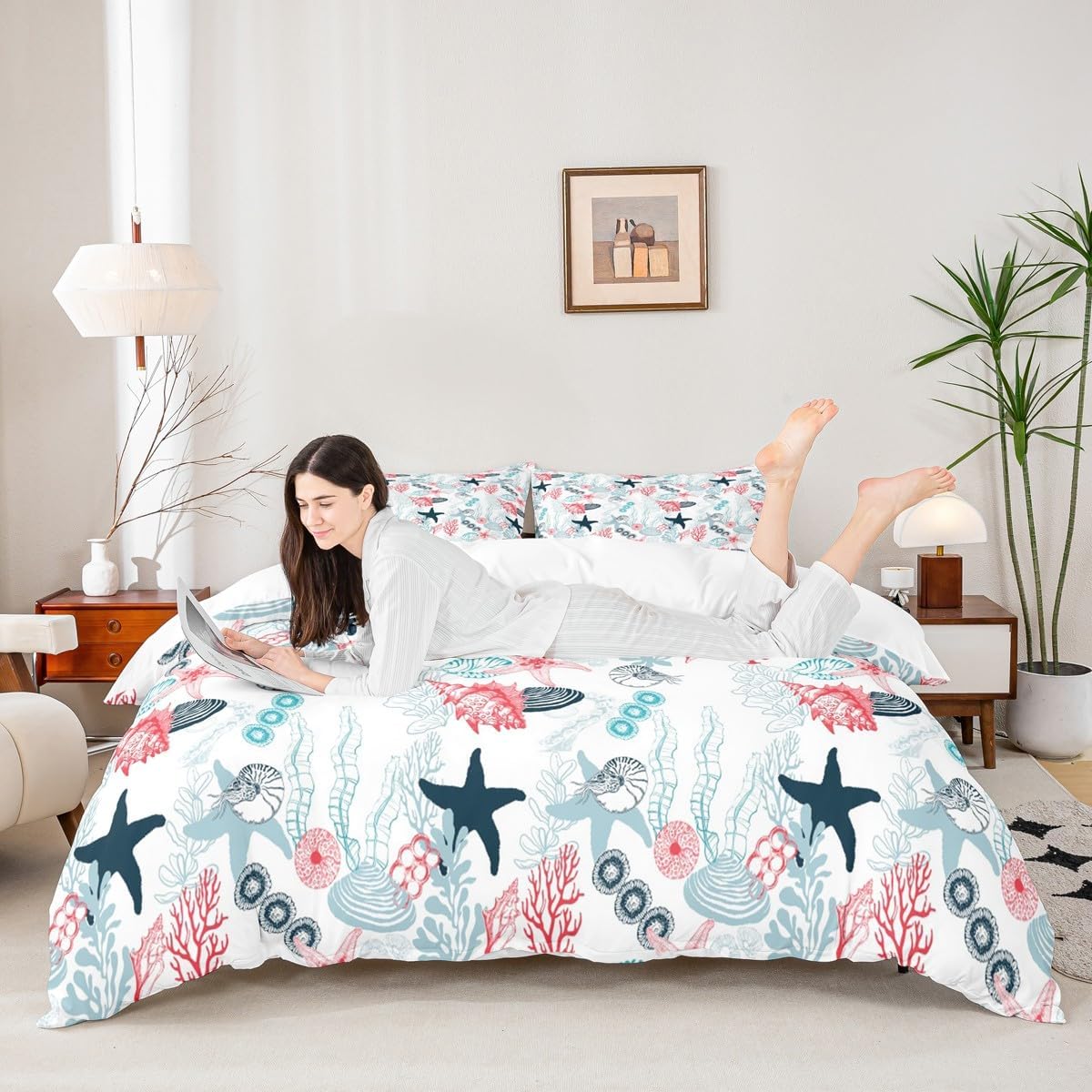 Ocean Beach Duvet Cover Set Queen Size,Seashell Conch Seahorse Starfish Coral Comforter Cover Sea Coastal Bedding Set for Kids Boys Girls Woman Room Decor Pink Blue White Quilt Cover,2 Pillowcases