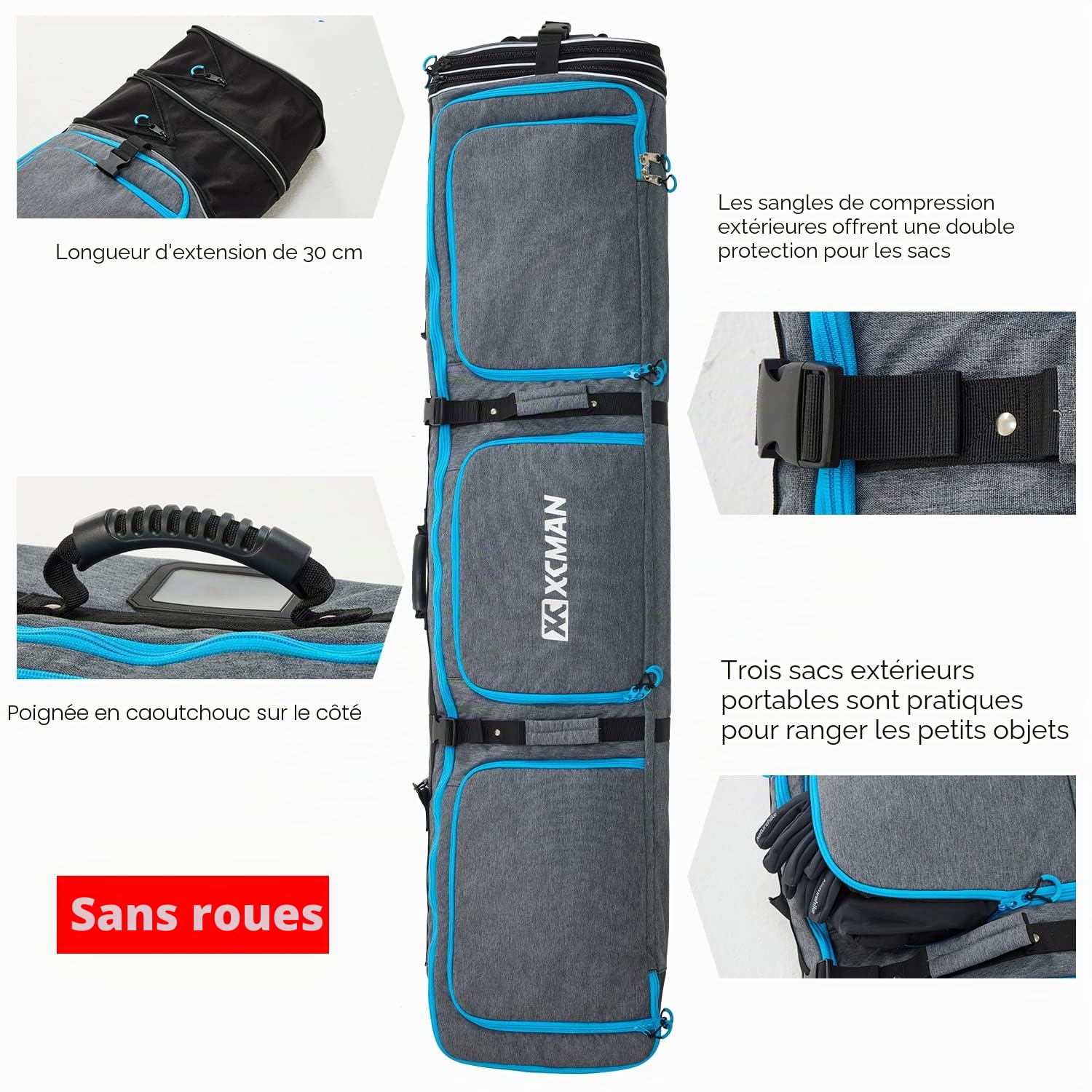 XCMAN Sac de Snowboard rembourré à Longueur réglable de 160 à 190 cm Sac rembourré pour Voyage en Avion