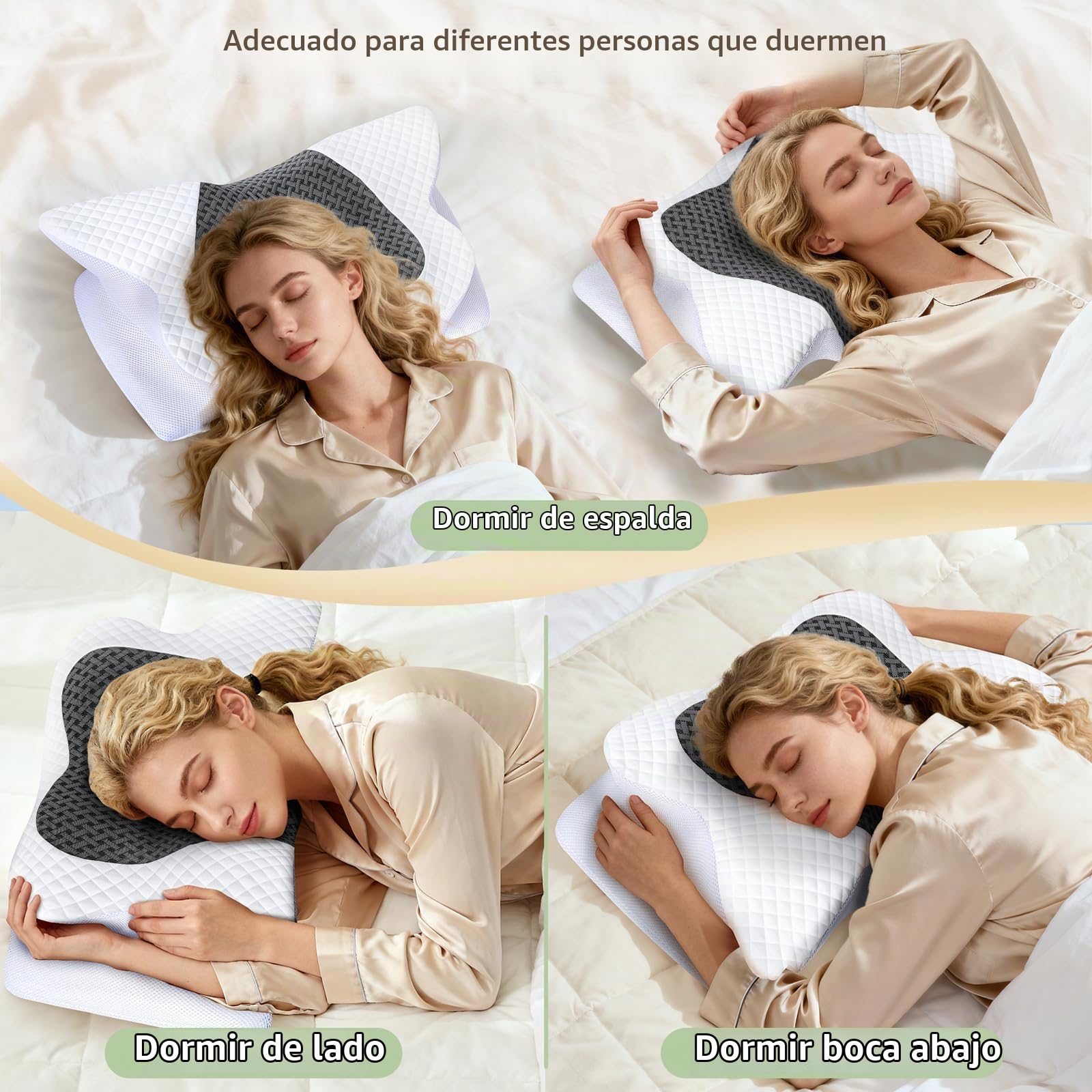 Almohada Cervicales y Cuello, Almohada Cervical de Espuma Viscoelástica, Almohada Ergonómica para Dormir de Lado, Espalda y Boca Abajo, 61,7 x 37 x 13/13,6 cm, Gris