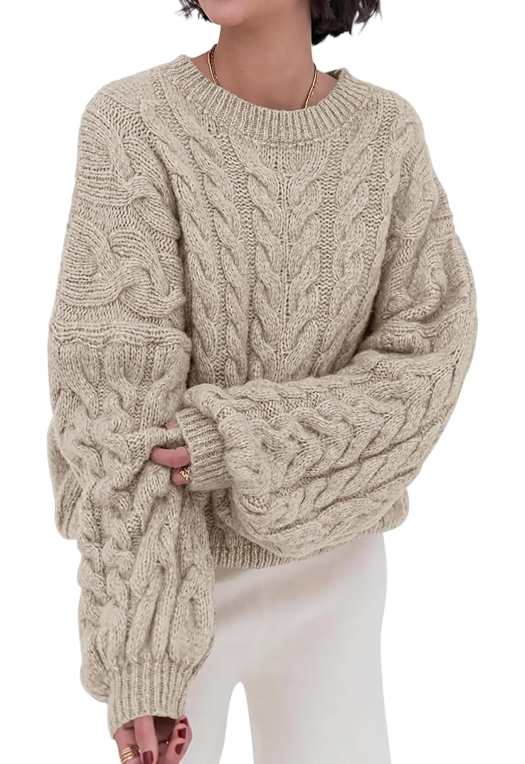 Womens Oversized Cable Knit Long Sleeve Crewneck Sweater Fall Winter Pullover Jumper Tops