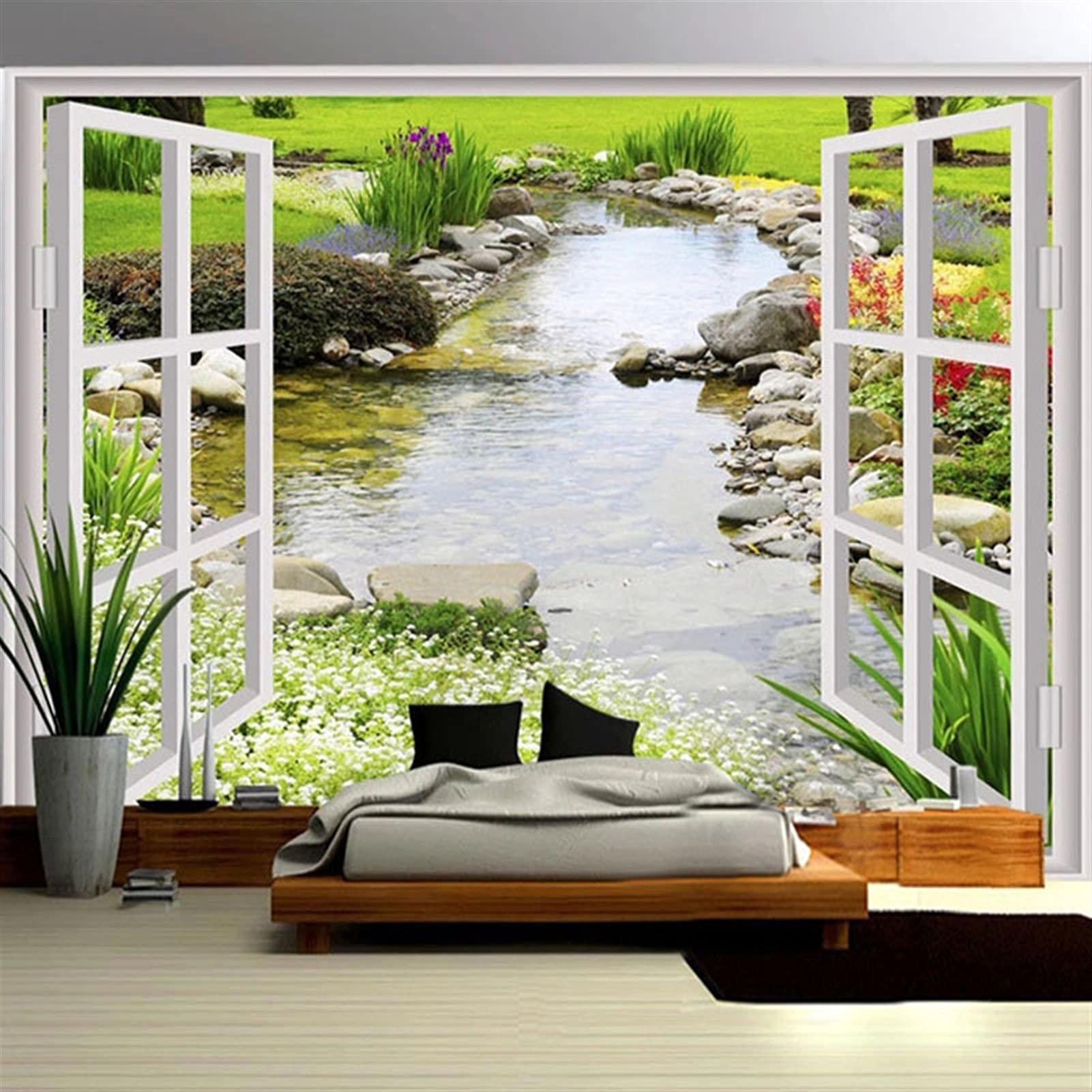 Pegatinas de Pared Impermeable Mural Papel pintado 3D Río Piedra Ventana Jardín Paisaje Paisaje Pintura de Pared Sala de estar Pegatina de cocina (no autoadhesivo /autoadhesivo) Adhesivos Pared