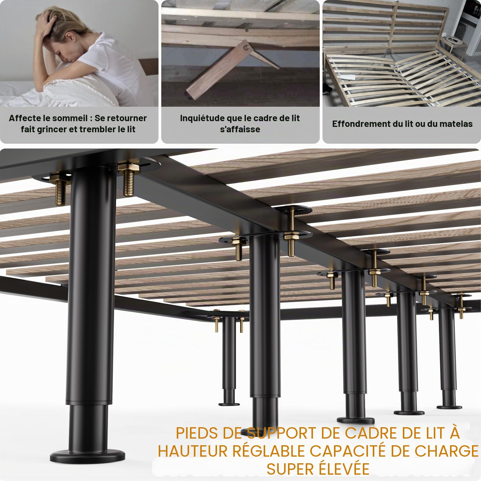 VETIN Lot de 4 Pieds de Support de Lit Réglables en Hauteur, Adaptés aux Cadres de Lit 18-32cm, aux Lattes Centrales de Lit et aux Pieds de Support de Meubles, Installation sans Perçage