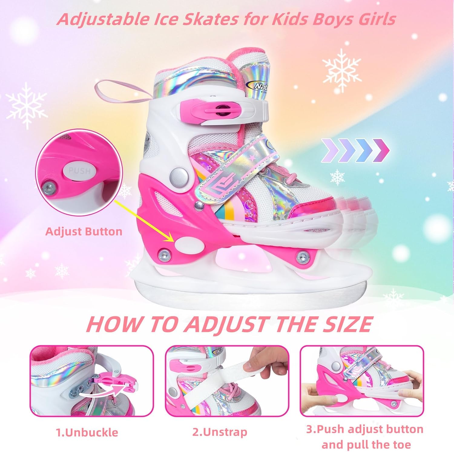 Nattork Adjustable Ice Skates,Soft Padding and Reinforced Ankle Support Ice Skates for Kids,Boys and Girls,Gray Blue Lace-Up Fun Hockey Skate,S,M,L,XL