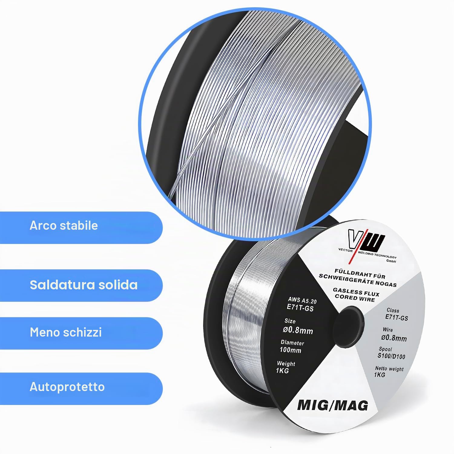 VECTOR Filo Animato No Gas 0.8mm 3KG Filo Saldatrice E71T-GS Bobina Filo Animato per Saldatura Universale D100 MIG MAG per Saldatrice, 3 Pezzi, 1KG per Rotolo