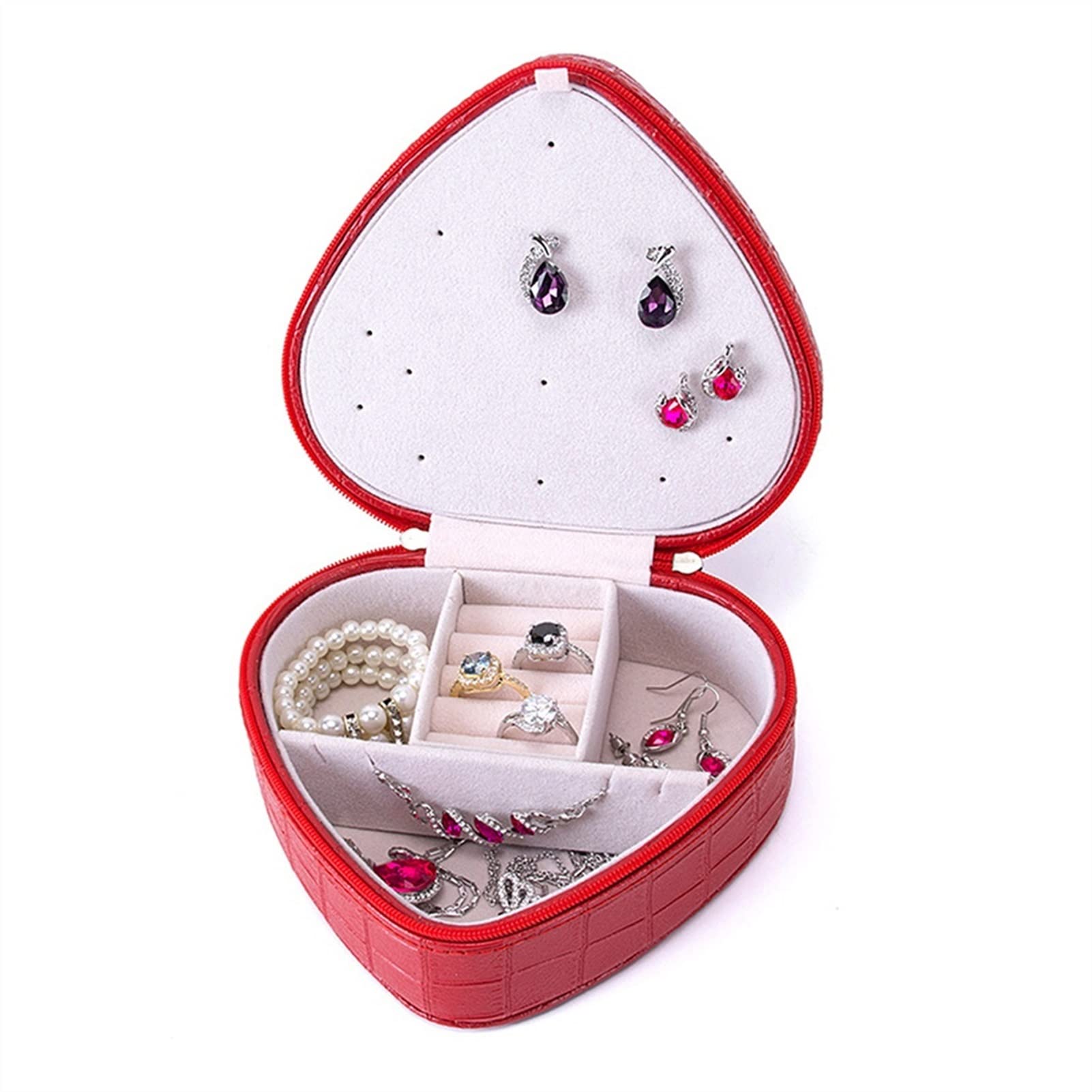 Schmuckschatulle in Herzform, Schmuck-Organizer aus PU-Leder, mit Spiegel, Reise-Schmucketui, Geschenk für Frauen (rot)