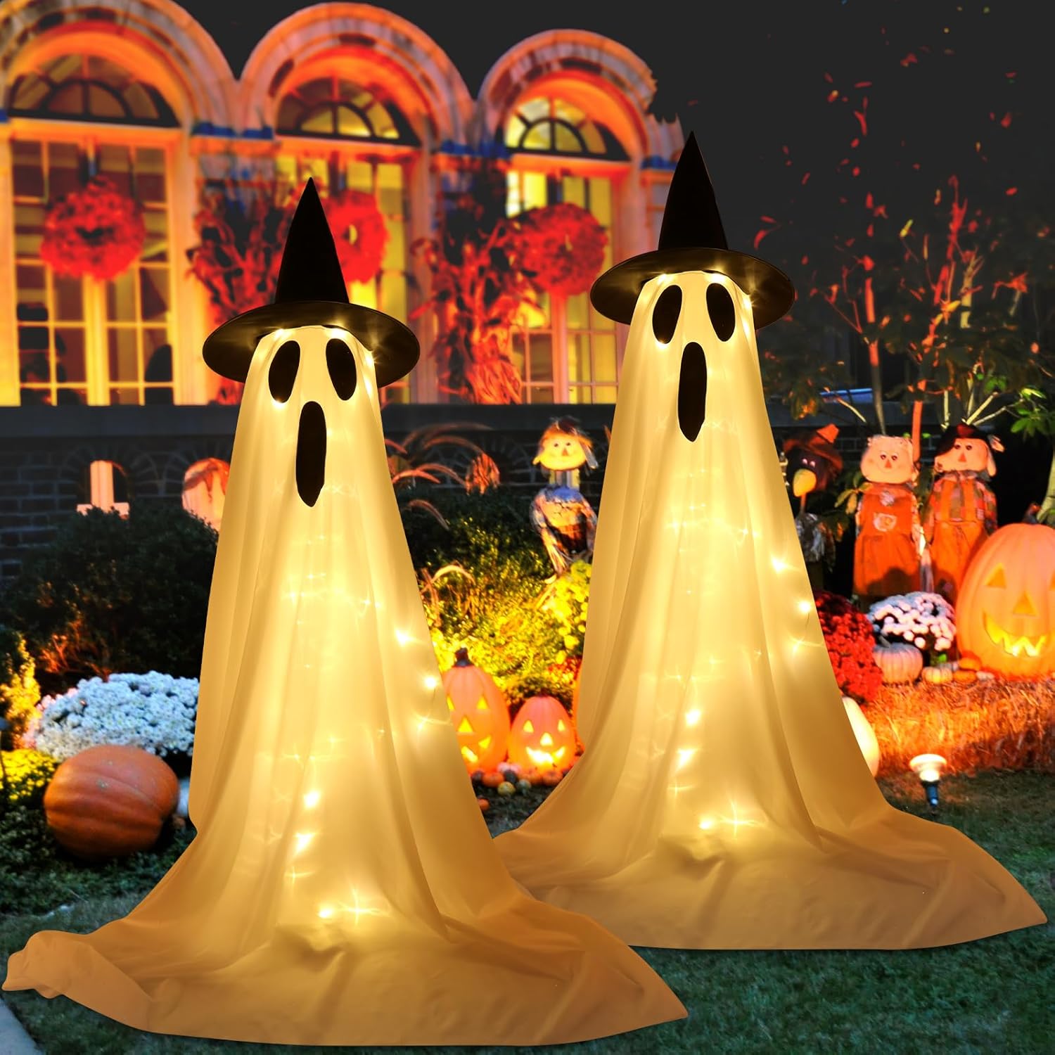 2 Pack Halloween Ghost Decorations with LED Lights & Witch Hats + 3D Ghost Projector Lights, Waterproof Outdoor Halloween Decor for Yard, Porch, Garden, Lawn & Party