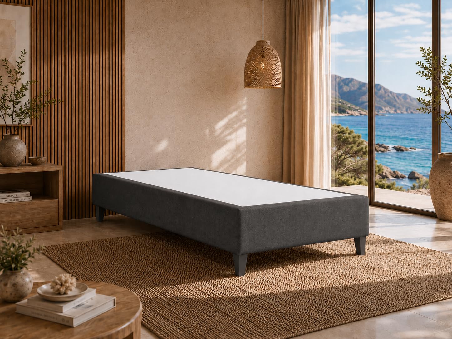 BoxspringbettGestell 90x200 | Gepolsterter Bettrahmen ohne Matratze | Modernes Einzelbett mit 12 cm hohen Holzfüßen | Wasserfestes & Strapazierfähiges BoxspringrahmenBett