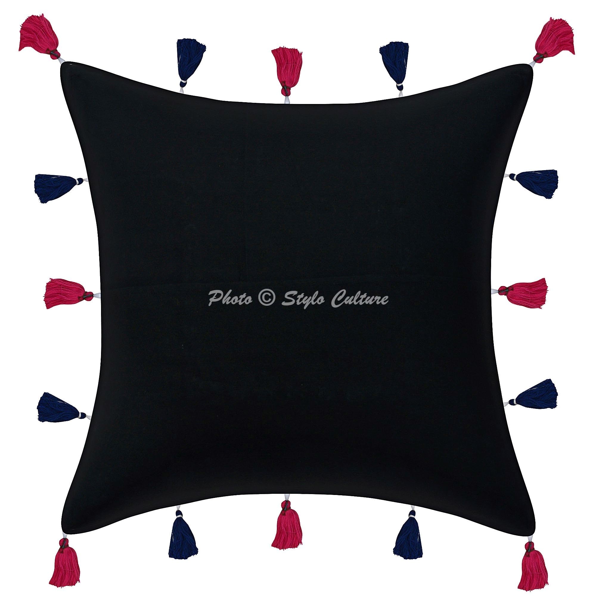Ethnisch Dekorativ Baumwolle Sofa Kissenbezüge 40x40 cm Schwarz Dekokissen Gesticktes Patchwork Wohnzimmer Couch Kissenhullen Blumen Quadrat Umschlagverschluss Kissen Bezüge - 4 STK.