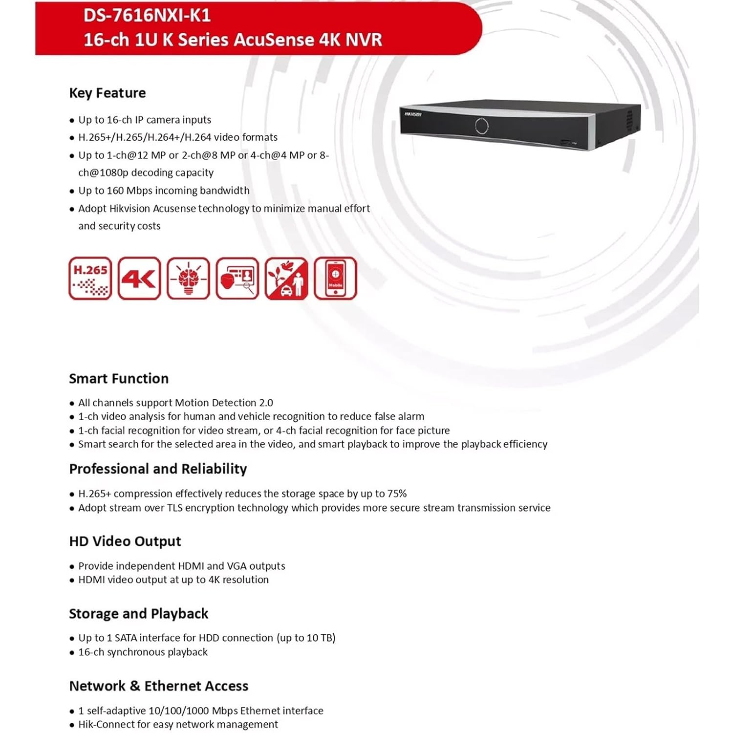 Image detailing the key features of the HIKVISION DS-7616NXI-K1 NVR, including H.265+, 4K, AcuSense, and smart functions.