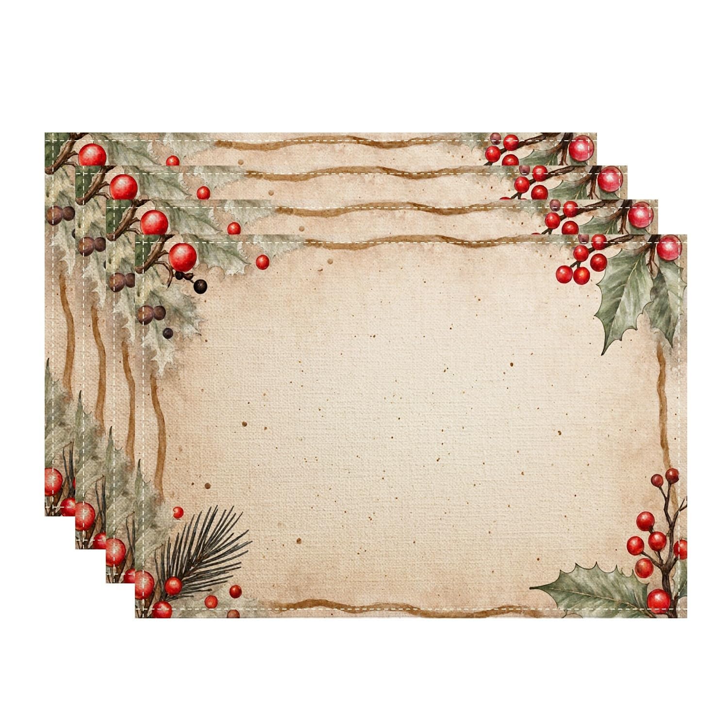 Christmas Berry and Holly Placemats, Rustic Botanical Place Mats for Dining Table, Winter Holiday Non-Slip Washable Indoor Outdoor Kitchen Party Decorative Placemat Set of 4
